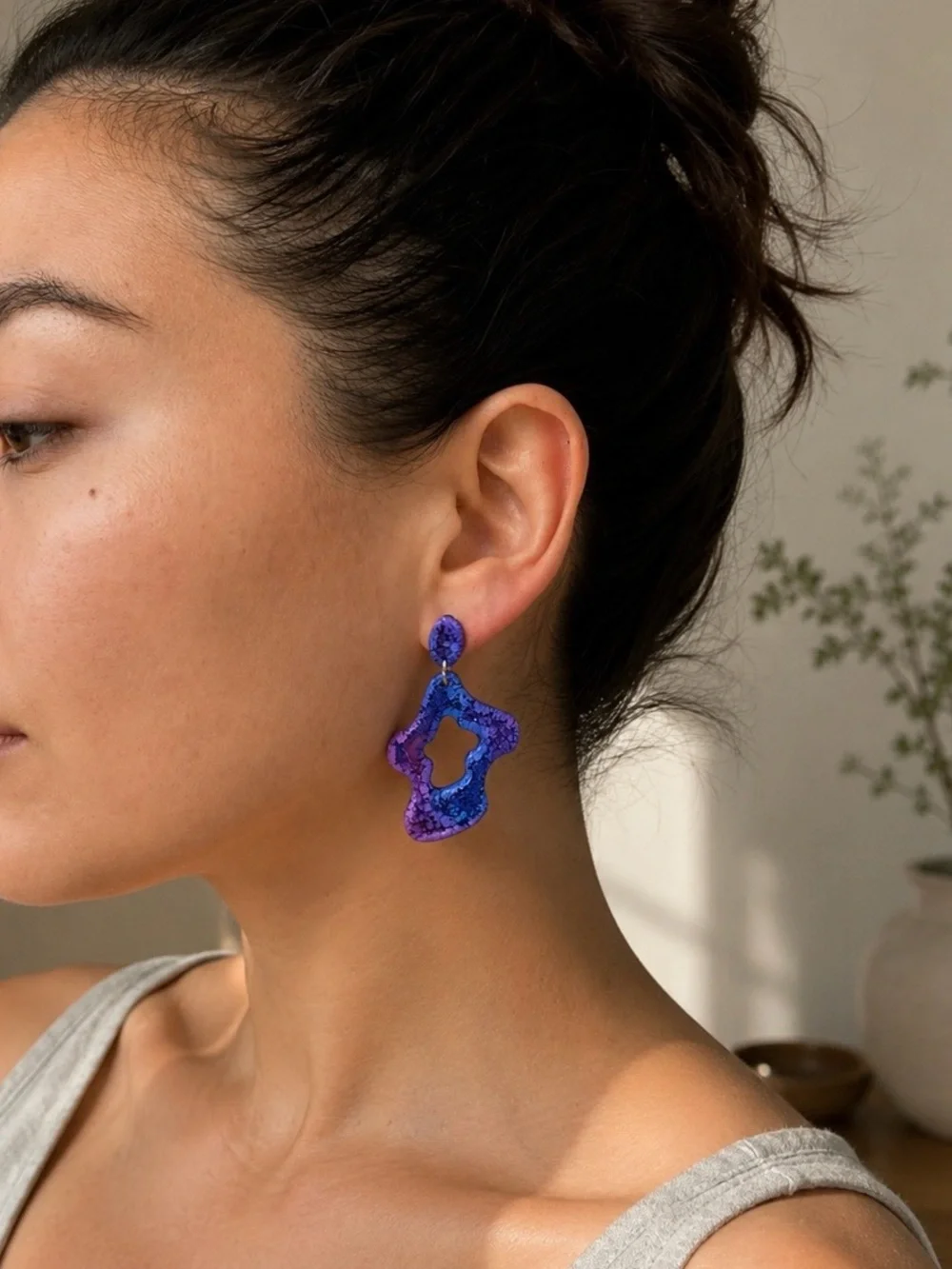 Handmade Blue Purple Resin Statement Earrings